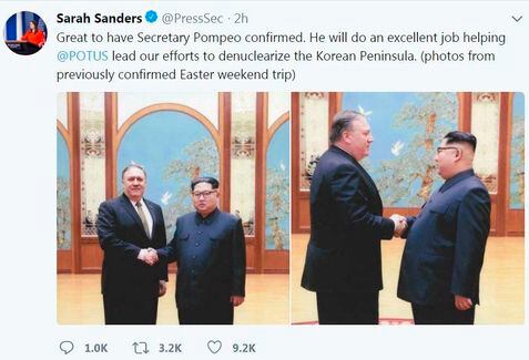 세라 허커비 샌더스 백악관 대변인은 2018년 4월 26 자신의 트위터에 마이크 폼페이오(왼쪽) 미 국무장관과 김정은 북한 노동당 위원장이 만나 악수하는 모습이 담긴 사진 두 장을 올렸다.
